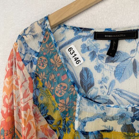 BCBGMAXAZRIA Top S Silk Sheer Floral Metallic Striped Long Sleeve Blue Orange - Picture 11 of 11